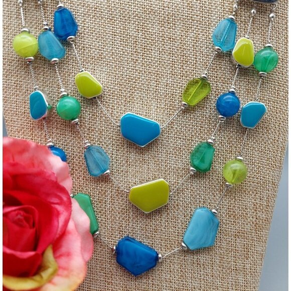 Cute & Colorful Multi Strand Silver Tone Statement Necklace Blue & Green Beads - Picture 4 of 9